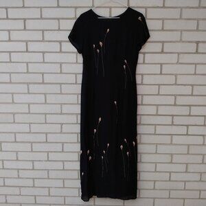 Vintage 90s Black Chiffon Dress with Flowers Size 8 Made in Canada by Braemar